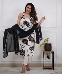 Women White Cotton Black Flowers Kurta Pant and Dupatta set