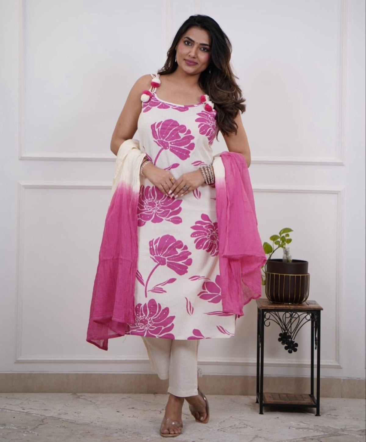 Women White Cotton Pink Flowers Kurta Pant and Dupatta set