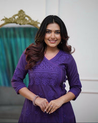 Women Purple Cotton Chikankari Style Angrakha Kurta Pant set