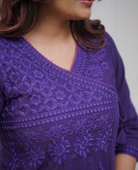 Women Purple Cotton Chikankari Style Angrakha Kurta Pant set