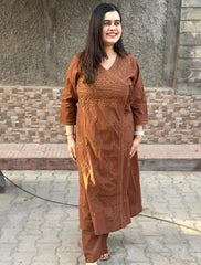 Women Brown Cotton Chikankari Style Angrakha Kurta Pant set