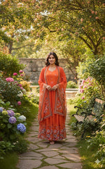 Women Orange Chiffon Floral Kurta Pant and Dupatta set