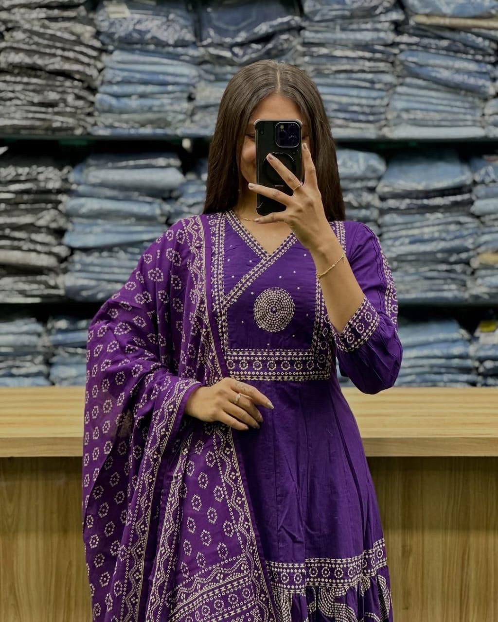 Women Purple Cotton New Year Bash Embroidery Kurta Pant and Dupatta set