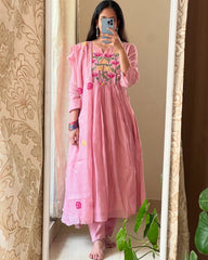 Women Pink Cotton Anarkali Pattern Kurta Pant and Dupatta set