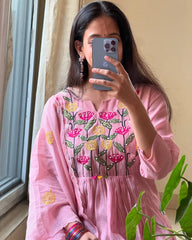 Women Pink Cotton Anarkali Pattern Kurta Pant and Dupatta set