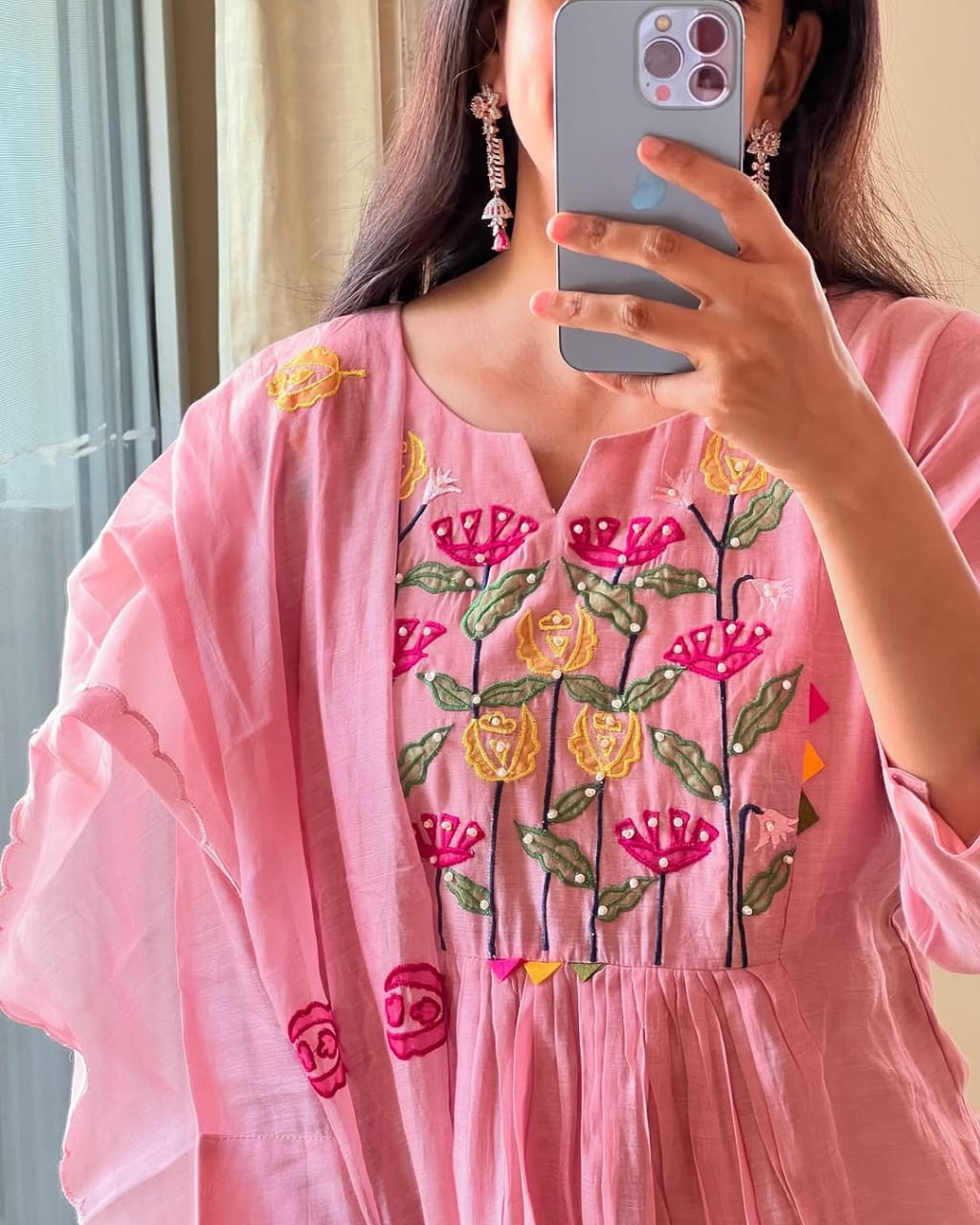 Women Pink Cotton Anarkali Pattern Kurta Pant and Dupatta set