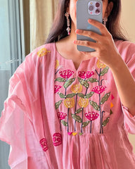 Women Pink Cotton Anarkali Pattern Kurta Pant and Dupatta set