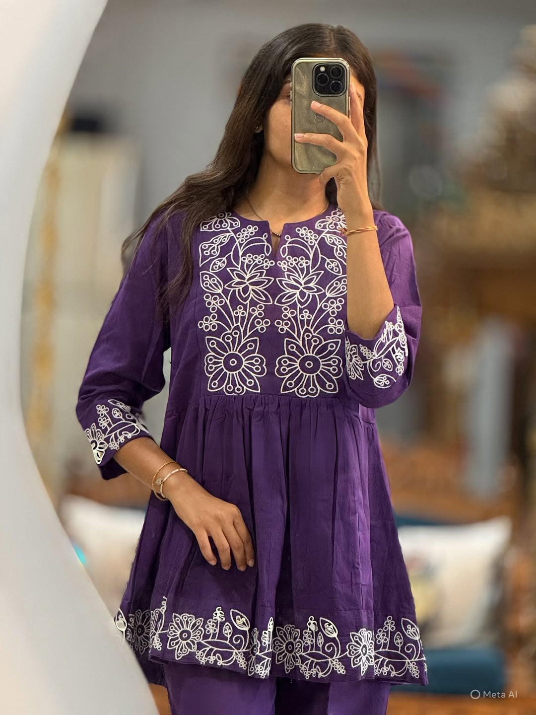Women Purple Cotton Embroidery Ensemble Co-Ord set