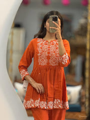Women Orange Cotton Embroidery Ensemble Co-Ord set