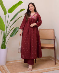 Women Maroon Cotton Summer desire Embroidery Kurta Pant set