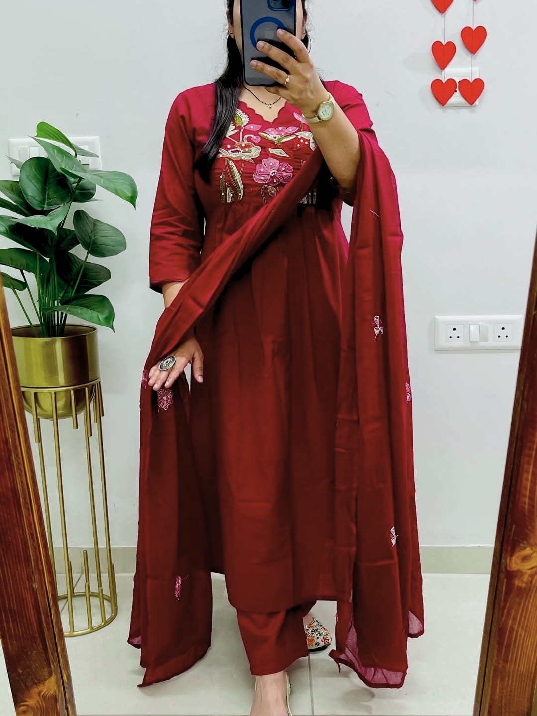 Women Red Cotton Embroidery Yoke Kurta Pant and Dupatta set