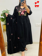 Women Black Cotton Embroidery Yoke Kurta Pant and Dupatta set