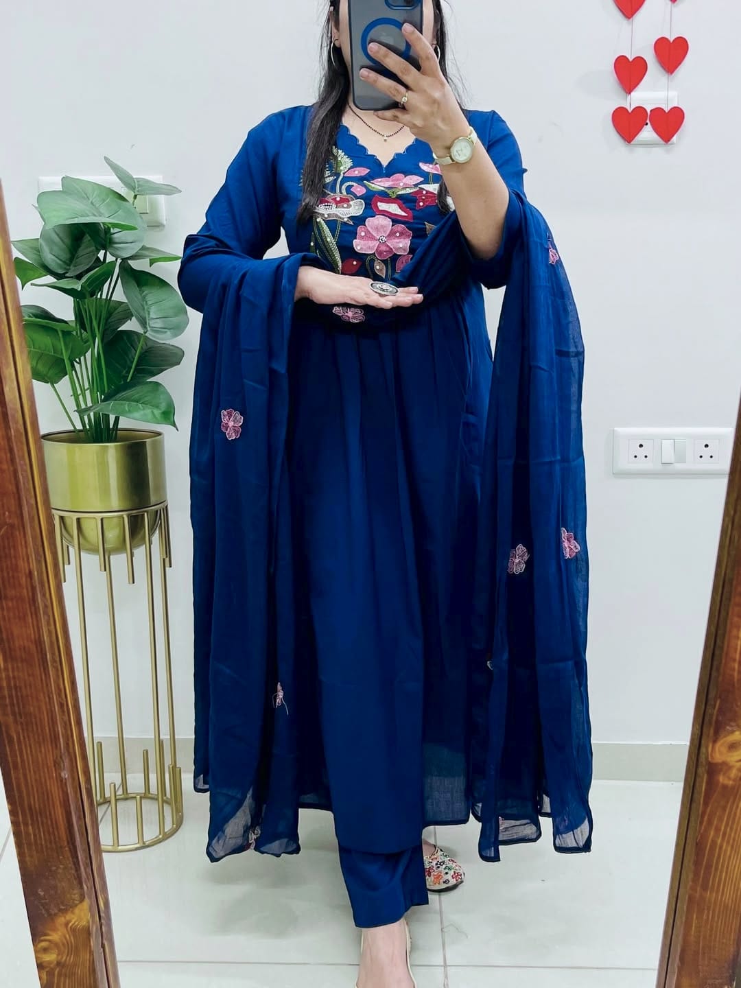 Women Blue Cotton Embroidery Yoke Kurta Pant and Dupatta set