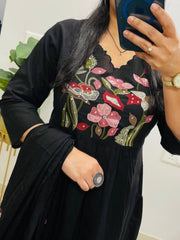 Women Black Cotton Embroidery Yoke Kurta Pant and Dupatta set