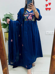 Women Blue Cotton Embroidery Yoke Kurta Pant and Dupatta set