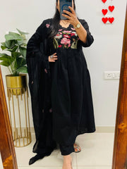 Women Black Cotton Embroidery Yoke Kurta Pant and Dupatta set