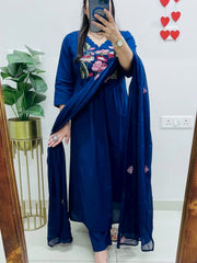 Women Blue Cotton Embroidery Yoke Kurta Pant and Dupatta set