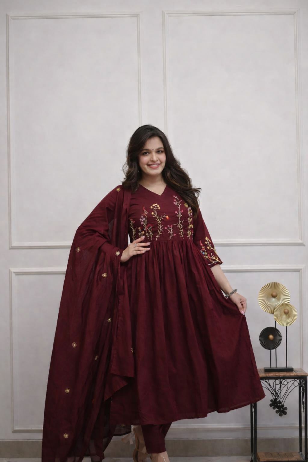 Women Maroon Cotton Embellished Kurta Pant and Dupatta set