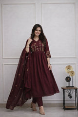 Women Maroon Cotton Embellished Kurta Pant and Dupatta set