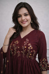 Women Maroon Cotton Embellished Kurta Pant and Dupatta set