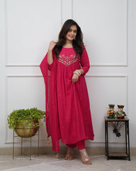 Women Pink Cotton KS Embroidery Kurta Pant and Dupatta set
