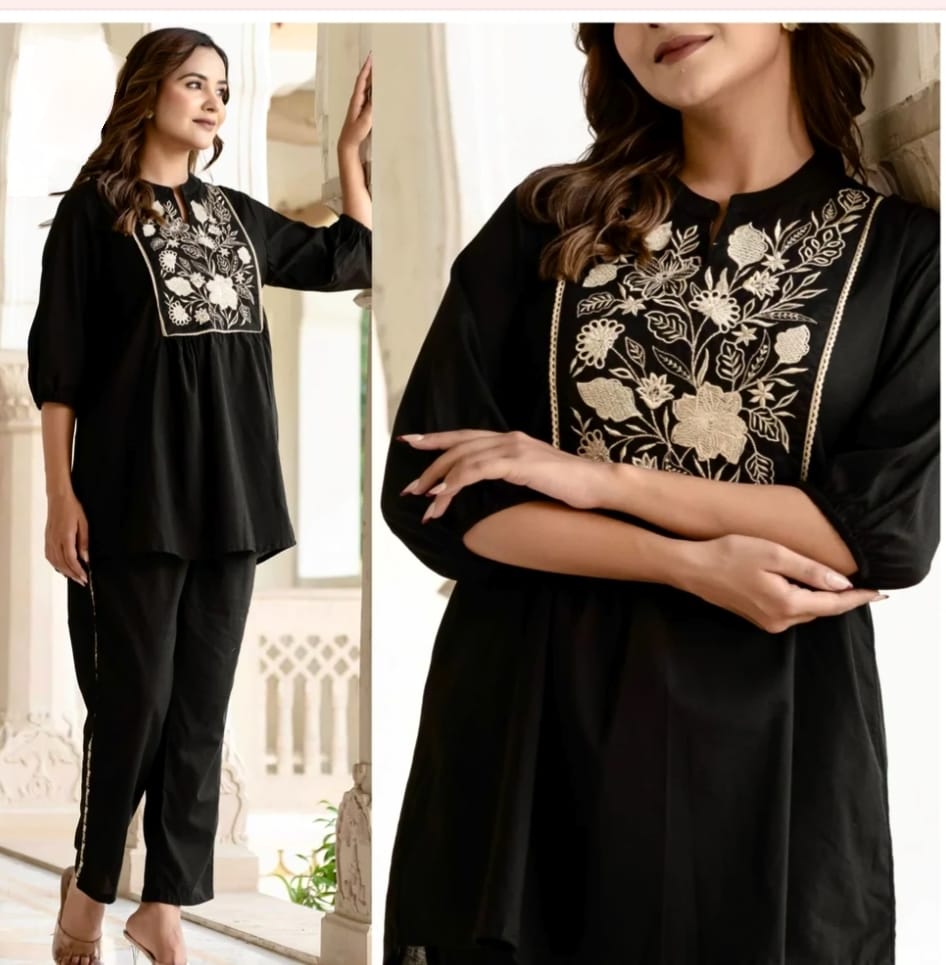 Women Black Cotton Embroidery Wardrobe Enlight Co-Ord set