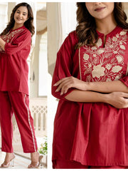 Women Red Cotton Embroidery Wardrobe Enlight Co-Ord set
