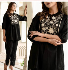 Women Black Cotton Embroidery Wardrobe Enlight Co-Ord set