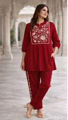Women Red Cotton Embroidery Wardrobe Enlight Co-Ord set