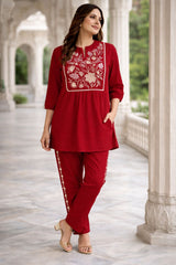 Women Red Cotton Embroidery Wardrobe Enlight Co-Ord set