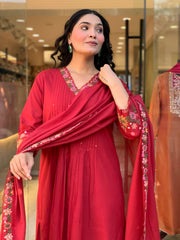 Women Red Cotton Embroidery M&S kurta Pant and Dupatta set