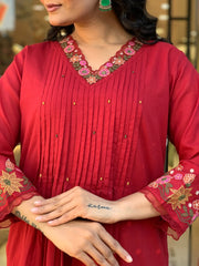 Women Red Cotton Embroidery M&S kurta Pant and Dupatta set