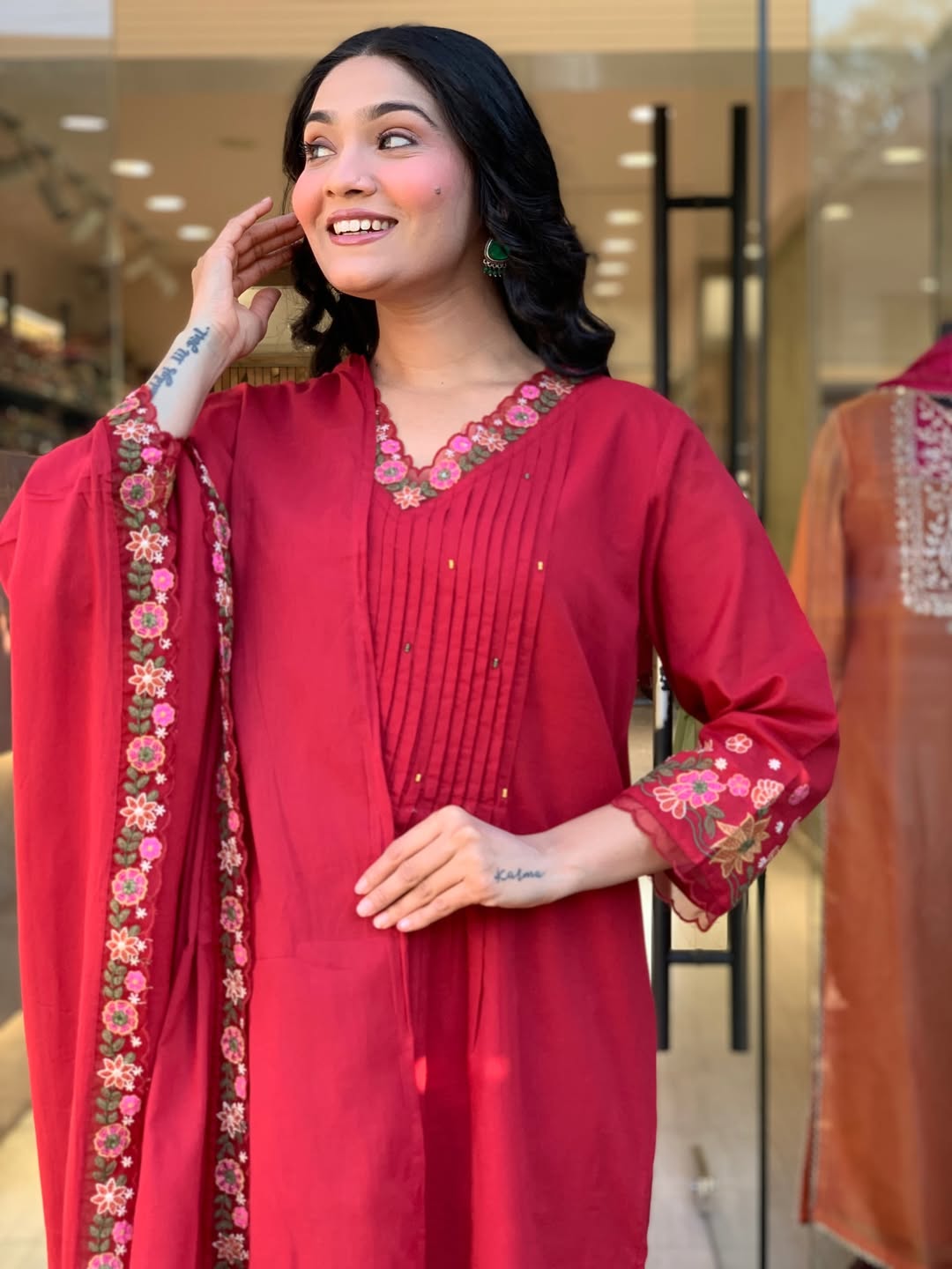 Women Red Cotton Embroidery M&S kurta Pant and Dupatta set