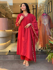 Women Red Cotton Embroidery M&S kurta Pant and Dupatta set