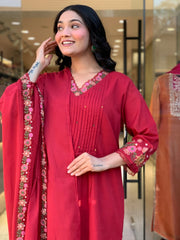 Women Red Cotton Embroidery M&S kurta Pant and Dupatta set