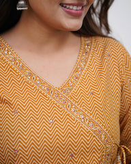Women Mustard Cotton Angrakha Zigzag Kurta Pant and Dupatta set