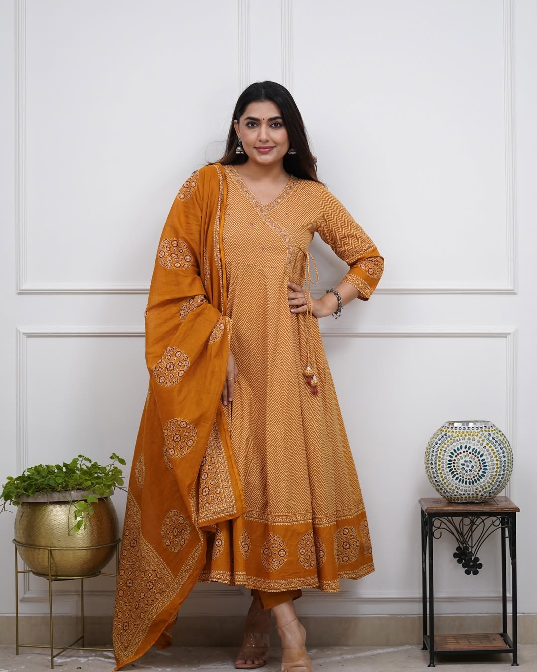 Women Mustard Cotton Angrakha Zigzag Kurta Pant and Dupatta set