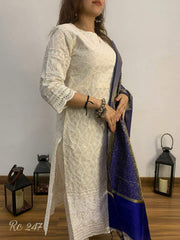Women Chikankari Cotton Kurta Pant and Blue Banarsi Dupatta set