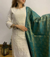 Women Chikankari Cotton Kurta Pant and Green Banarsi Dupatta set