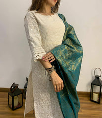 Women Chikankari Cotton Kurta Pant and Green Banarsi Dupatta set