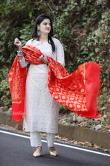 Women Chikankari Cotton Kurta Pant and Red Banarsi Dupatta set