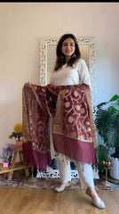Women Chikankari Cotton Kurta Pant and Maroon Banarsi Dupatta set