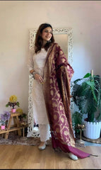 Women Chikankari Cotton Kurta Pant and Maroon Banarsi Dupatta set