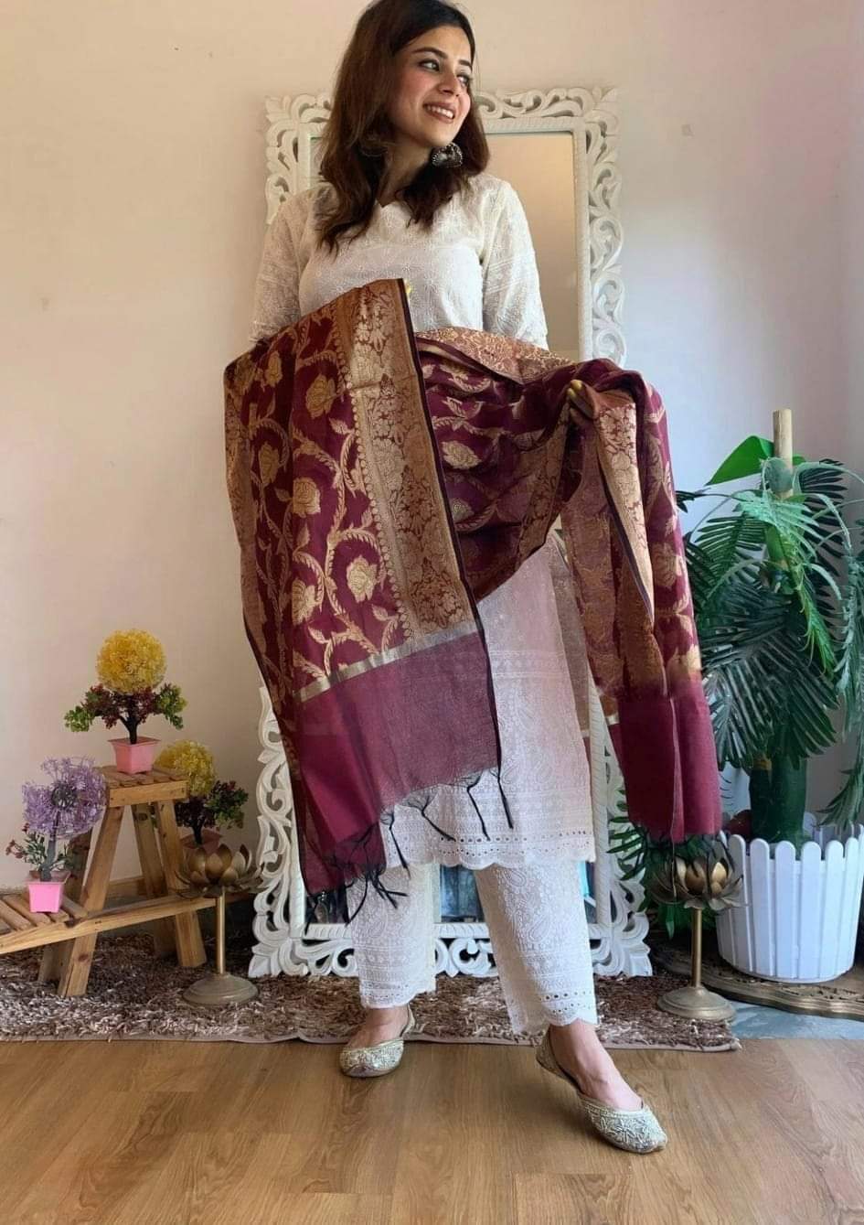 Women Chikankari Cotton Kurta Pant and Maroon Banarsi Dupatta set