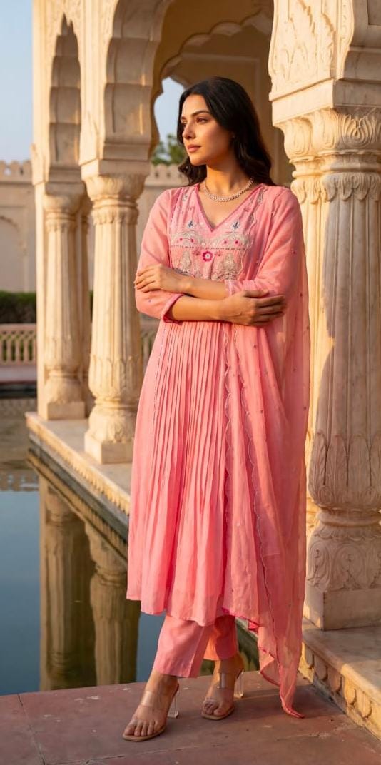 Women Pink Cotton Jaipur Scenic Kurta Pant and Dupatta set