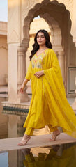 Women Yellow Cotton Jaipur Scenic Kurta Pant and Dupatta set