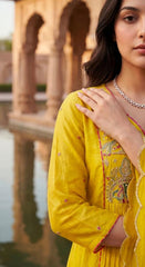 Women Yellow Cotton Jaipur Scenic Kurta Pant and Dupatta set