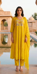 Women Yellow Cotton Jaipur Scenic Kurta Pant and Dupatta set