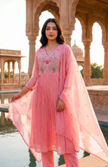 Women Pink Cotton Jaipur Scenic Kurta Pant and Dupatta set
