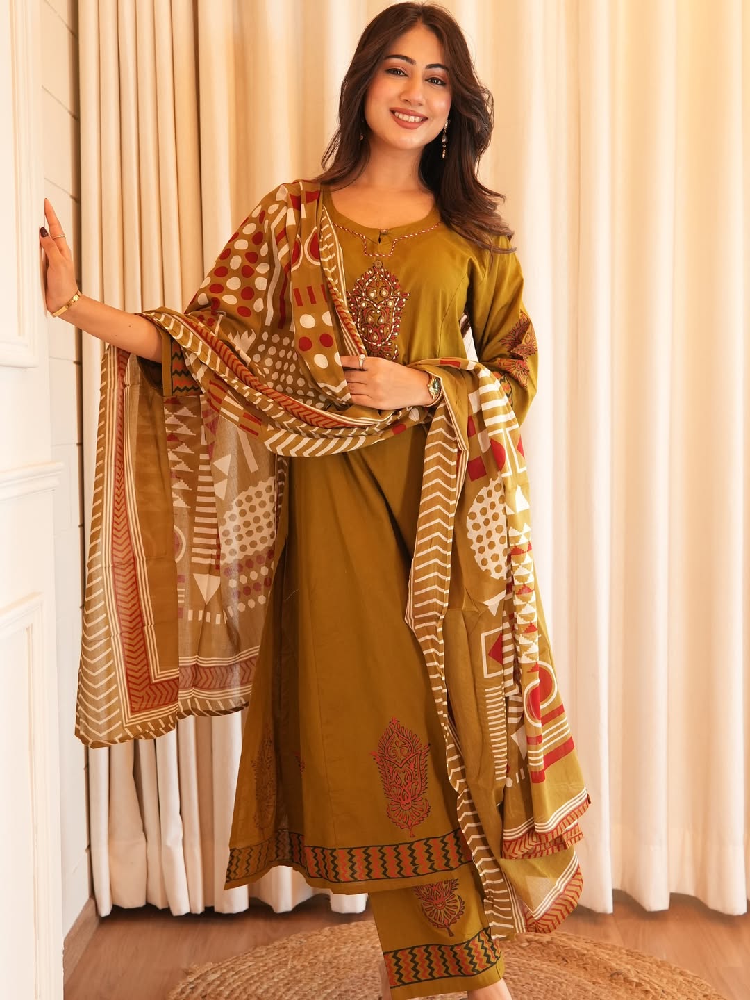Women Mustard Cotton Embroidery Yoke Kurta Pant and Dupatta set